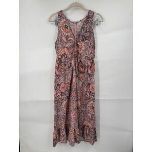 Madewell Lace Up Ruffle Hem Floral Midi Dress Women L Pink Bohemian Cotton Blend